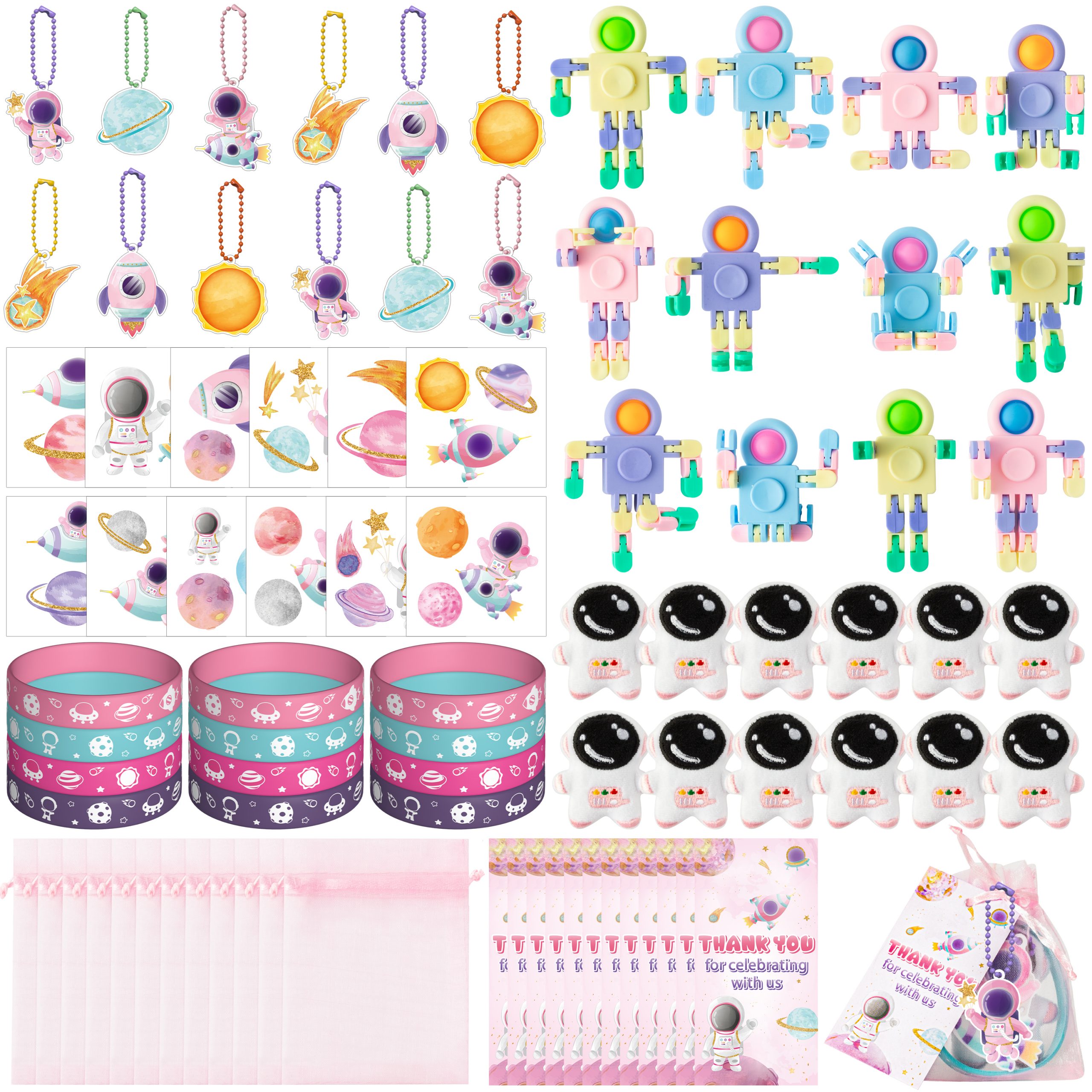 AwserTantue 84Pcs Pink Outerspace Party Favors, Watercolor Astronaut Rubber Bracelet Fidget Spinner Broochs Tatto Sticker Keychain with Thank You Cards and Organza Bag for Outerspace Party Goodie Bag