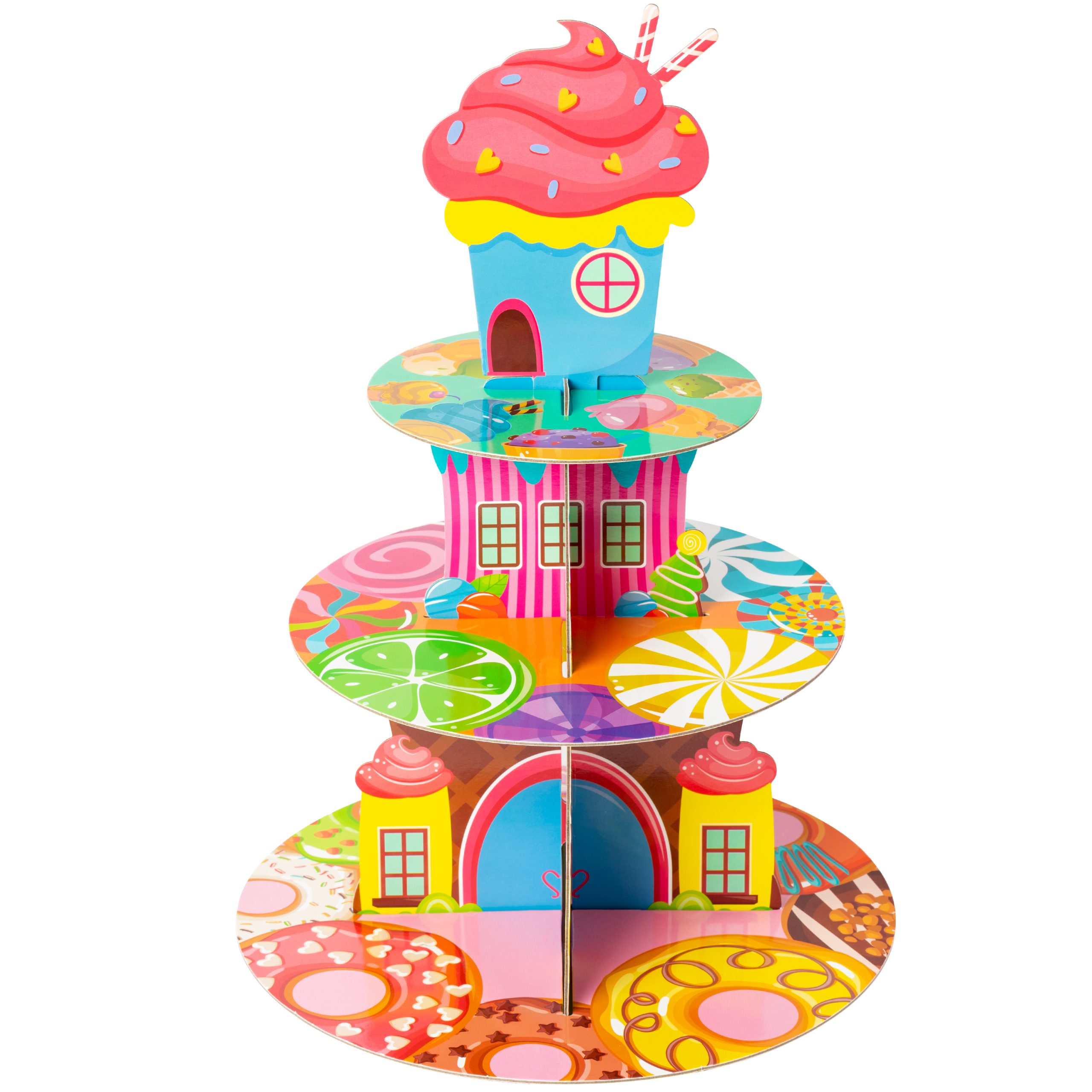 AwserTantue Candyland Cupcake Stand Decorations, 3 Tier Sweet Candy Cupcake Tower Cardboard Candy Donut Lollipop Ice Cream Dessert Holder for Girls Themed Birthday Party Baby Shower Table Supplies