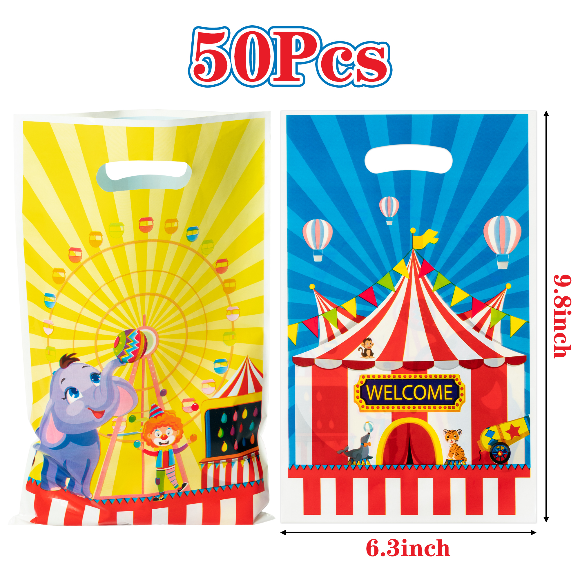 AwserTantue 50Pcs Carnival Party Favor Bags Circus Gift Treat Bag Plastic Goodie Candy Bag Gift Wrapping Bags for Circus Carnival Party Supplies Theme Birthday Party Baby Shower Decorations Pack