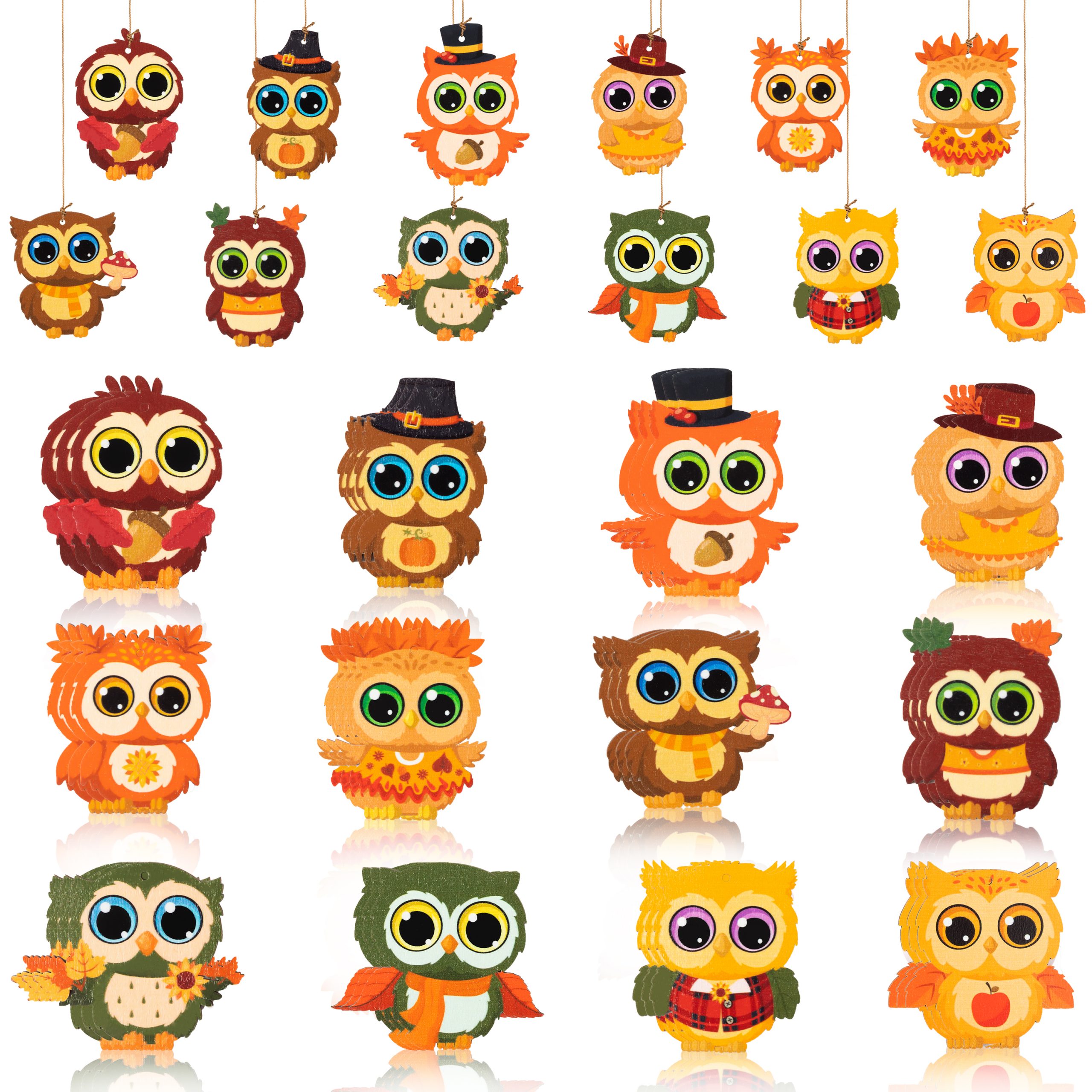 AwserTantue 37Pcs Fall Autumn Owl Thanksgiving Wooden Hanging Ornament Decor, Fall Wood Cartoon Owl Decorative Pendents for Thanksgiving Day Fall Harvest Party Favor Gift Tag Home Tree Decor Supplies