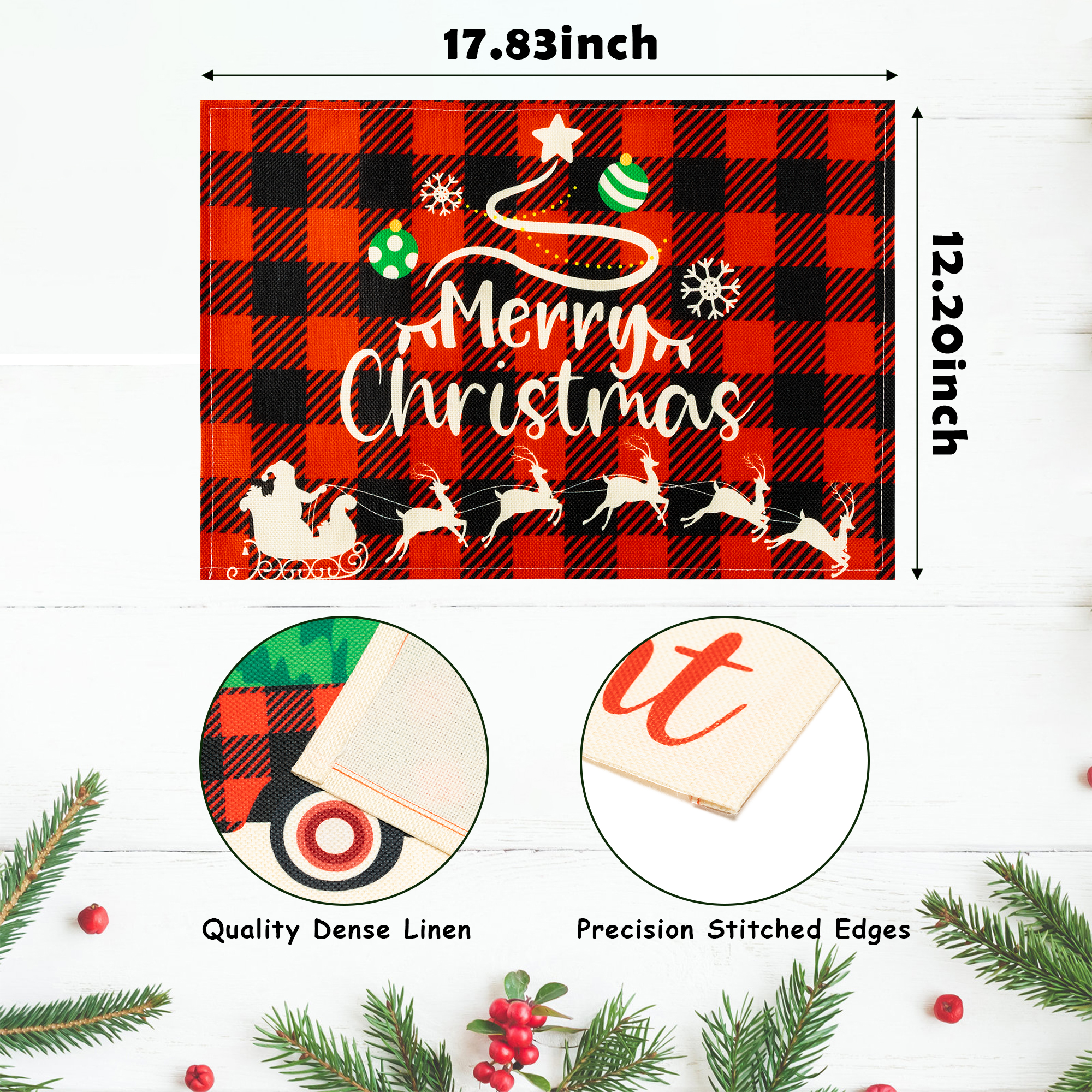 AwserTantue 6Pcs Merry and Bright Buffalo Plaid Christmas Placemats, Merry Christmas Winter Snowflake Truck Xmas Tree Table Mats Washable Place Mat for Xmas Party Home Dining Table Decor, 12 x 18 Inch