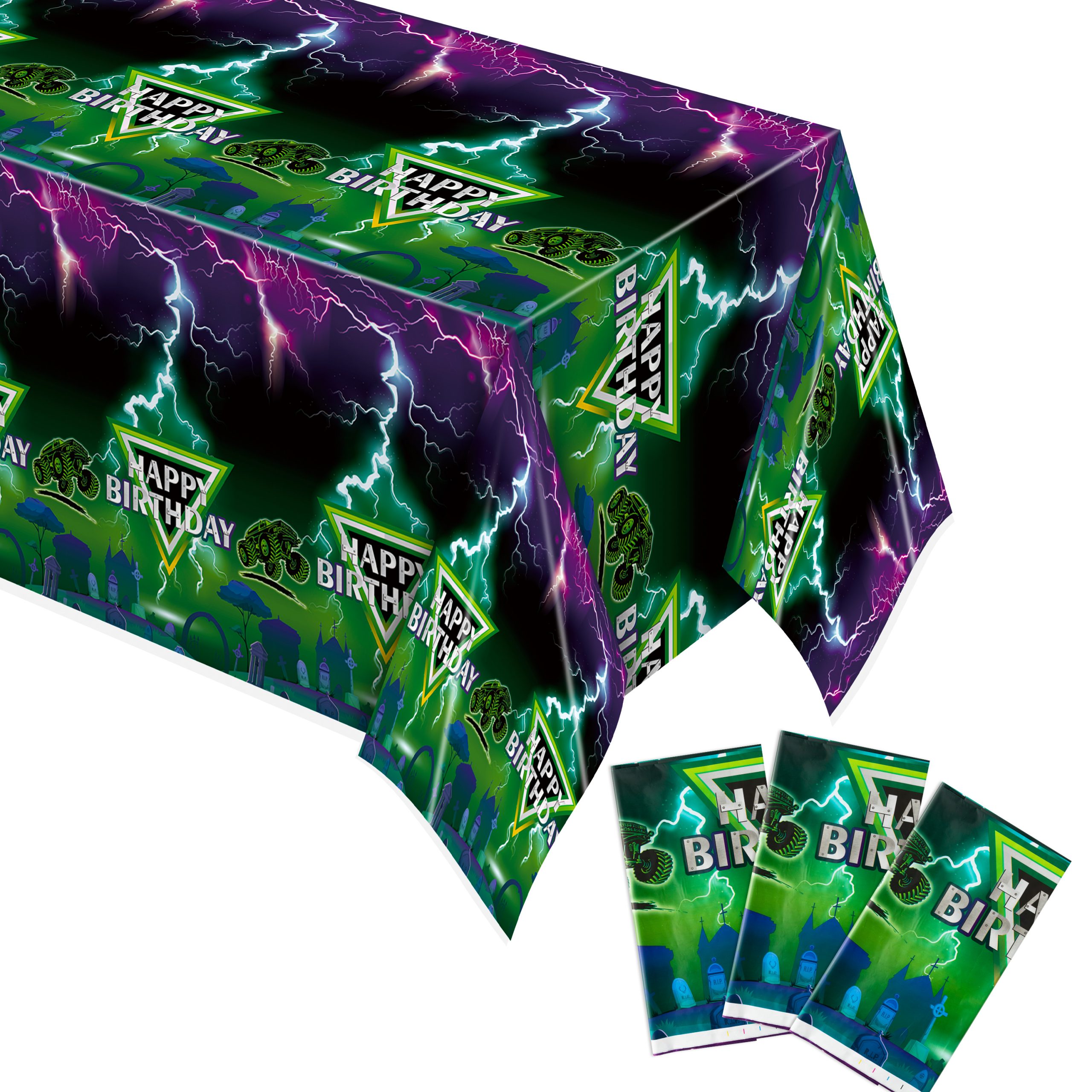 AwserTantue 3 Pack Green and Purple Monster Truck Tablecloths, Monster Truck Happy Birthday Disposable Rectangle Table Cover for Kids Baby Shower Theme Birthday Party Dinner Table Decor,108×54 inches