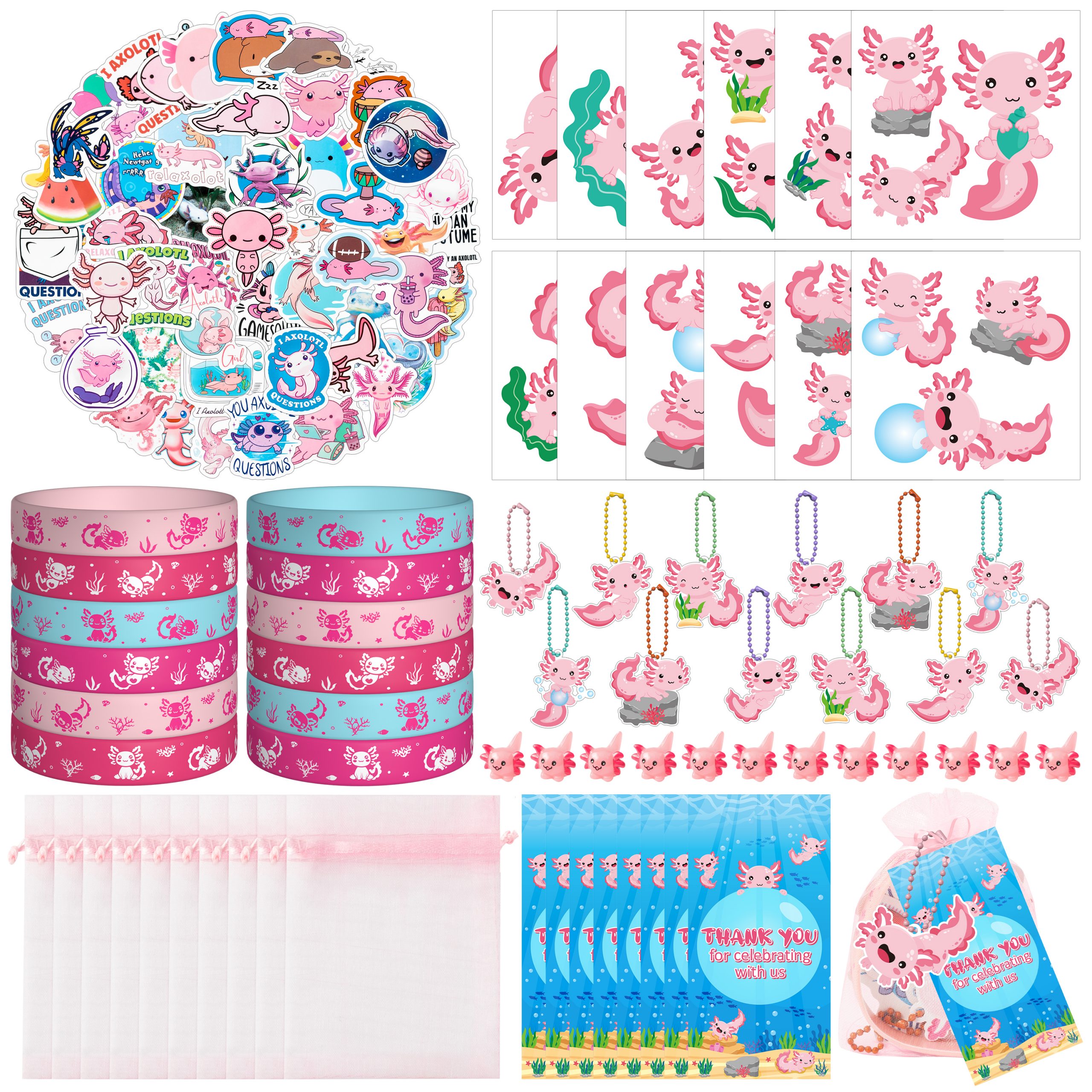 AwserTantue 122Pcs Axolotl Party Favor, Pack of Reptile Animal Rubber Bracelet Resin Ornaments Temporary Tatto Sticker Keychain with Thank You Cards and Organza Bag for Axolotl Party Goodie Bag Supply