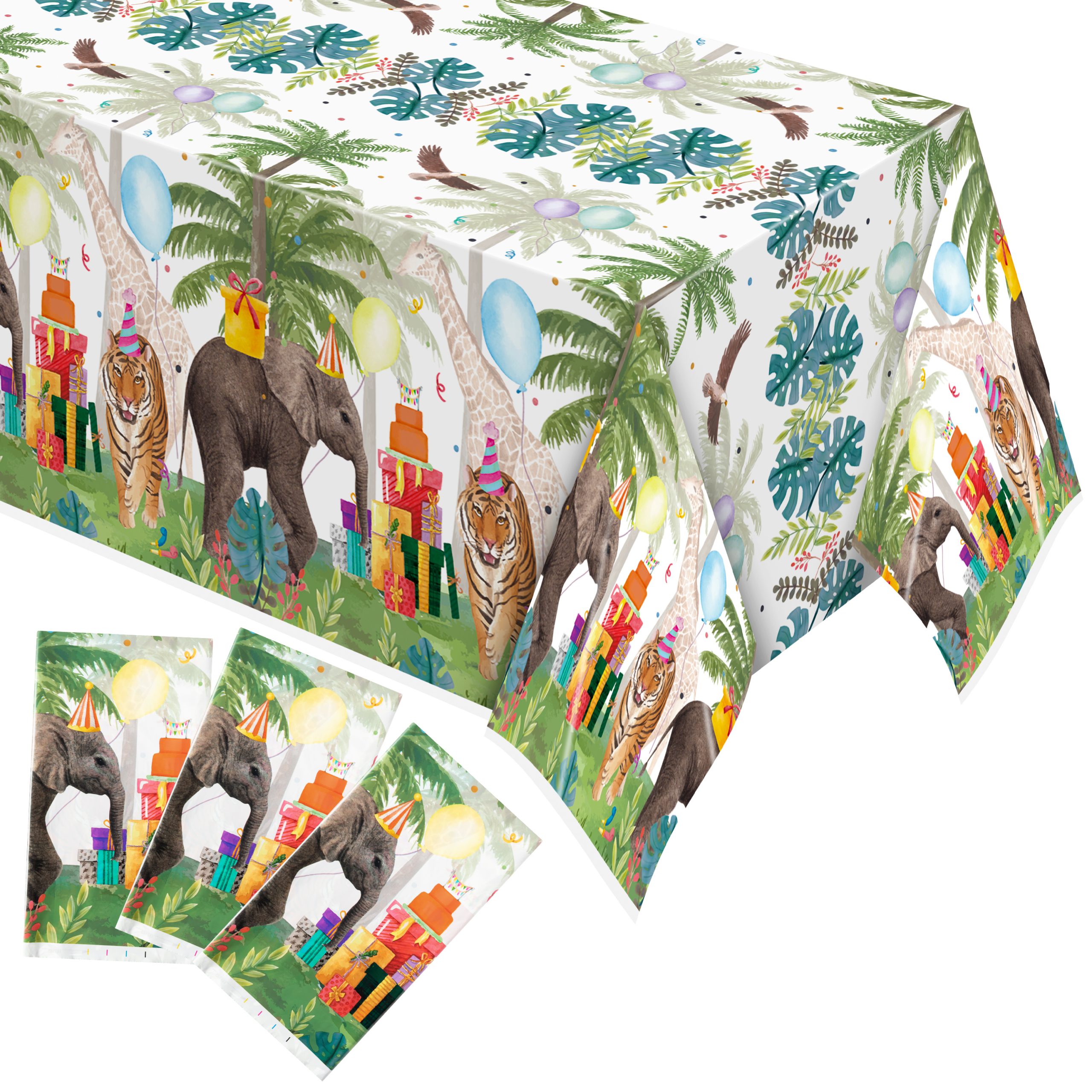 AwserTantue 3 Pack Safari Jungle Animal Tablecloths, Tiger Elephant Wild Animal Plastic Disposable Rectangle Table Cover for Kids Baby Shower Birthday Party Dinner Table Supplies, 108×54 inches