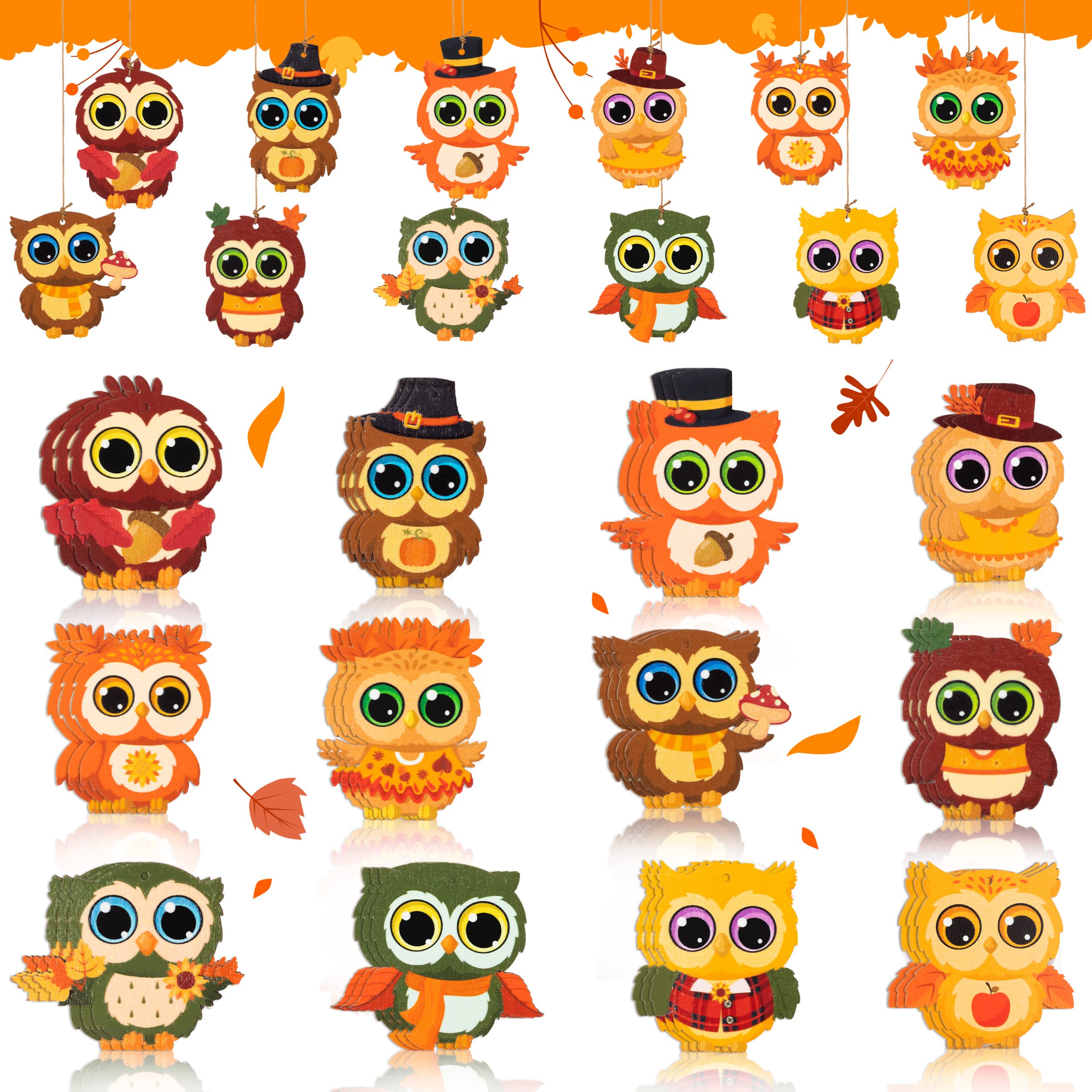 AwserTantue 37Pcs Fall Autumn Owl Thanksgiving Wooden Hanging Ornament Decor, Fall Wood Cartoon Owl Decorative Pendents for Thanksgiving Day Fall Harvest Party Favor Gift Tag Home Tree Decor Supplies